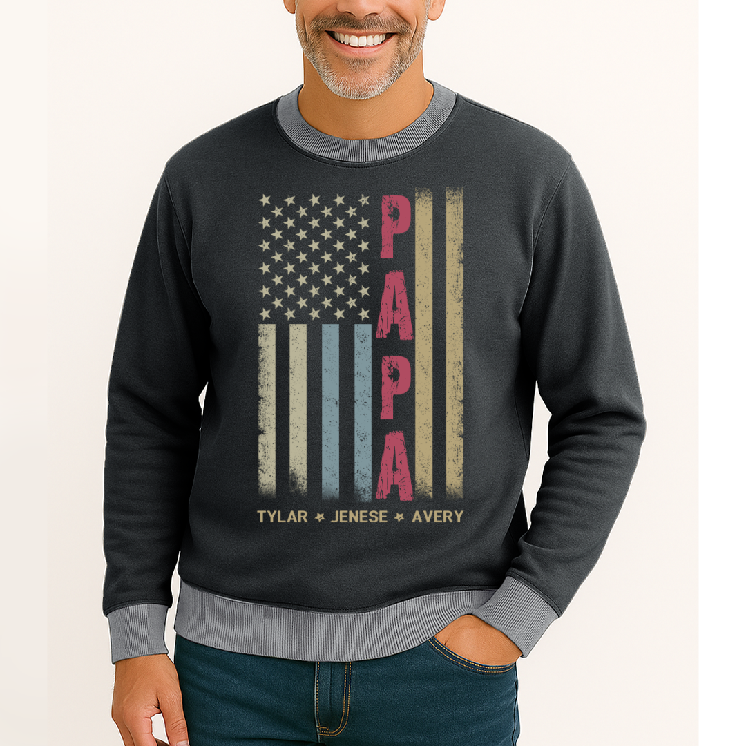 Personalized Grandpa Shirt, Papa Shirt, American flag - Papa With Grandkid Names Saloogoe Sweatshirt