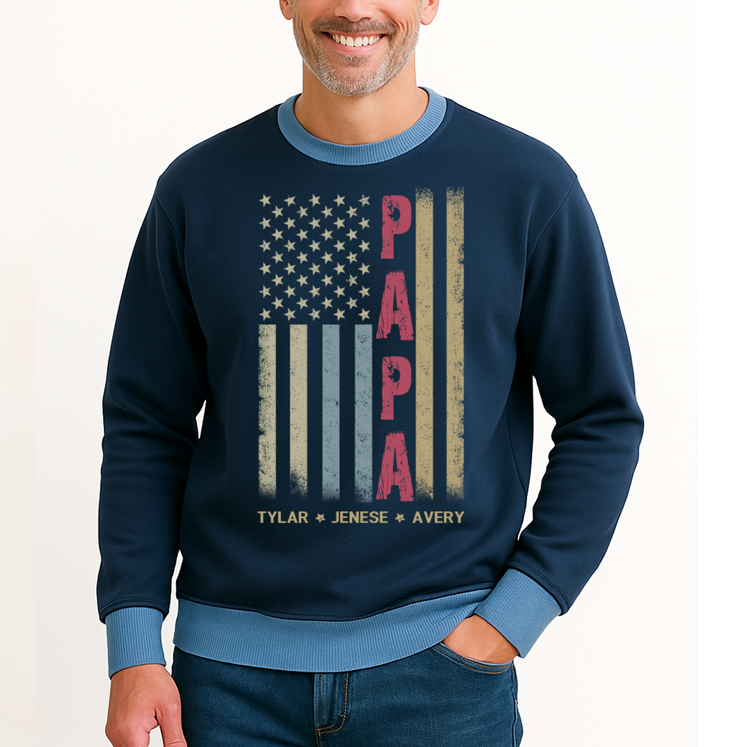Personalized Grandpa Shirt, Papa Shirt, American flag - Papa With Grandkid Names Saloogoe Sweatshirt