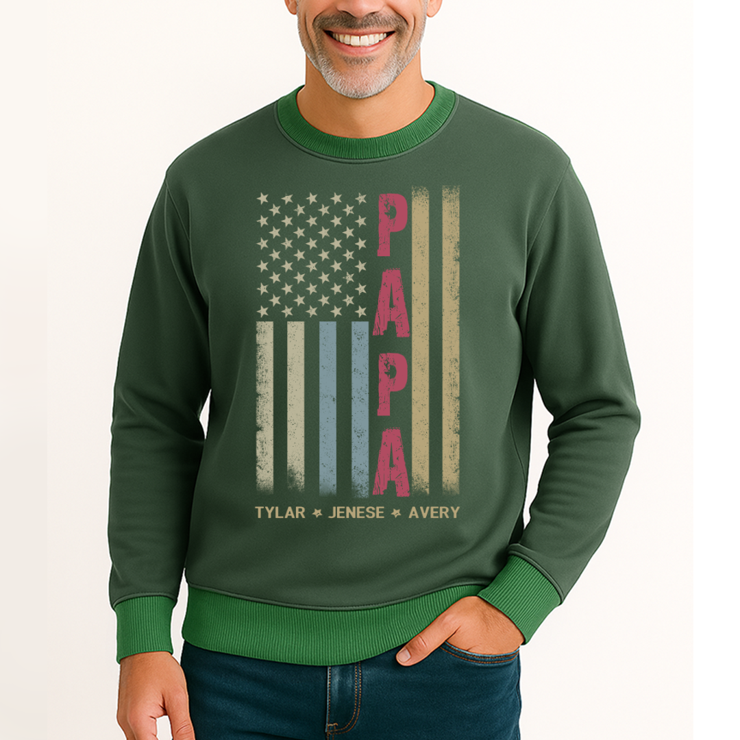 Personalized Grandpa Shirt, Papa Shirt, American flag - Papa With Grandkid Names Saloogoe Sweatshirt