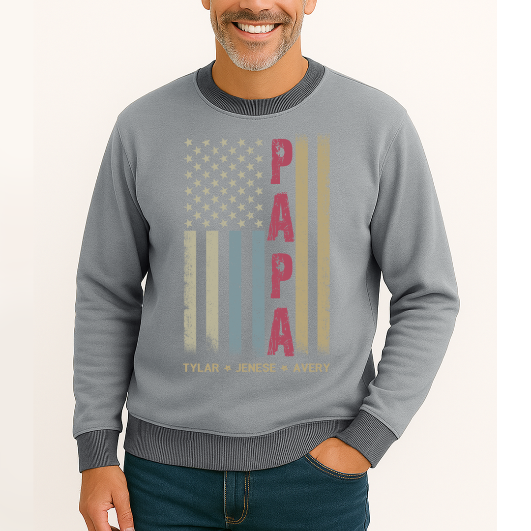 Personalized Grandpa Shirt, Papa Shirt, American flag - Papa With Grandkid Names Saloogoe Sweatshirt
