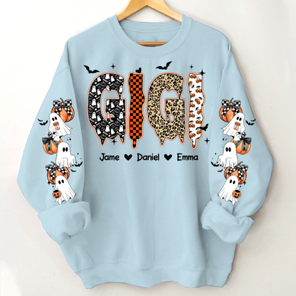 Personalized Halloween Gigi and Grandkids with Pumpkin & Ghost Sleeve Sweatshirt