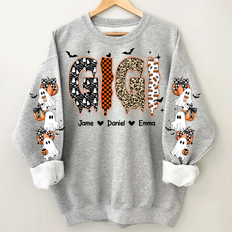 Personalized Halloween Gigi and Grandkids with Pumpkin & Ghost Sleeve Sweatshirt