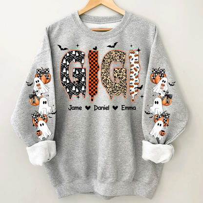Personalized Halloween Gigi and Grandkids with Pumpkin & Ghost Sleeve Sweatshirt