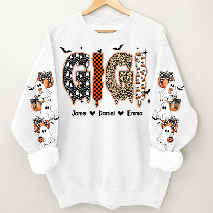 Personalized Halloween Gigi and Grandkids with Pumpkin & Ghost Sleeve Sweatshirt