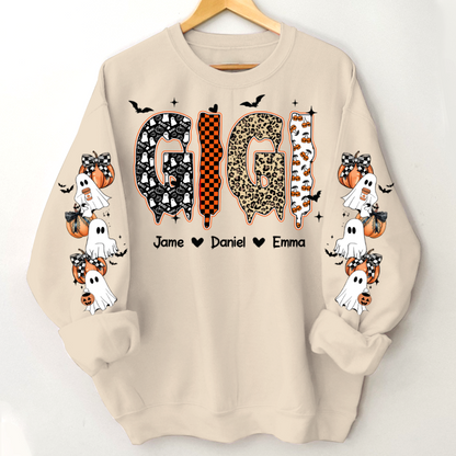Personalized Halloween Gigi and Grandkids with Pumpkin & Ghost Sleeve Sweatshirt