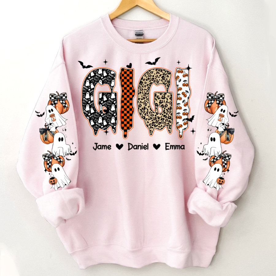 Personalized Halloween Gigi and Grandkids with Pumpkin & Ghost Sleeve Sweatshirt