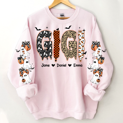 Personalized Halloween Gigi and Grandkids with Pumpkin & Ghost Sleeve Sweatshirt