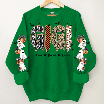 Personalized Halloween Gigi and Grandkids with Pumpkin & Ghost Sleeve Sweatshirt