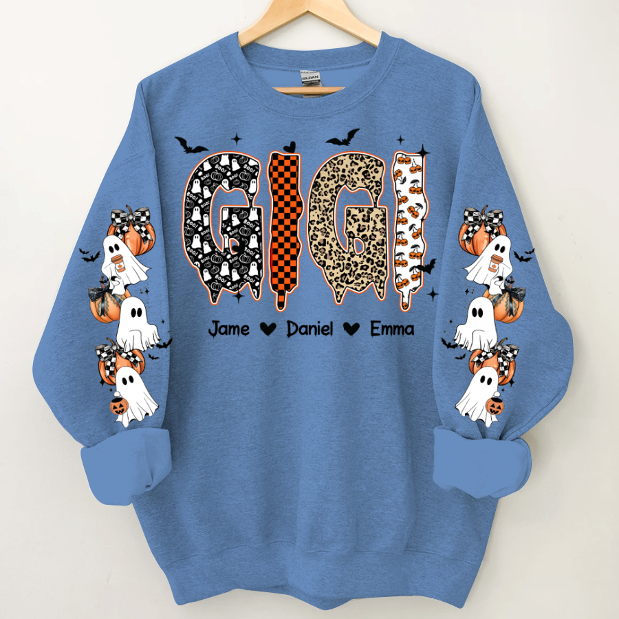 Personalized Halloween Gigi and Grandkids with Pumpkin & Ghost Sleeve Sweatshirt