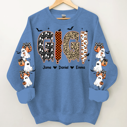 Personalized Halloween Gigi and Grandkids with Pumpkin & Ghost Sleeve Sweatshirt