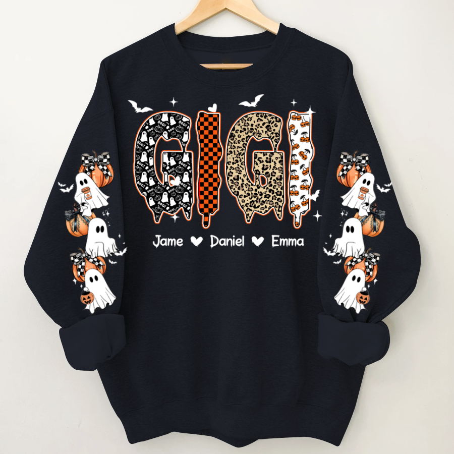 Personalized Halloween Gigi and Grandkids with Pumpkin & Ghost Sleeve Sweatshirt