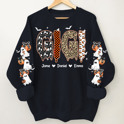 Personalized Halloween Gigi and Grandkids with Pumpkin & Ghost Sleeve Sweatshirt