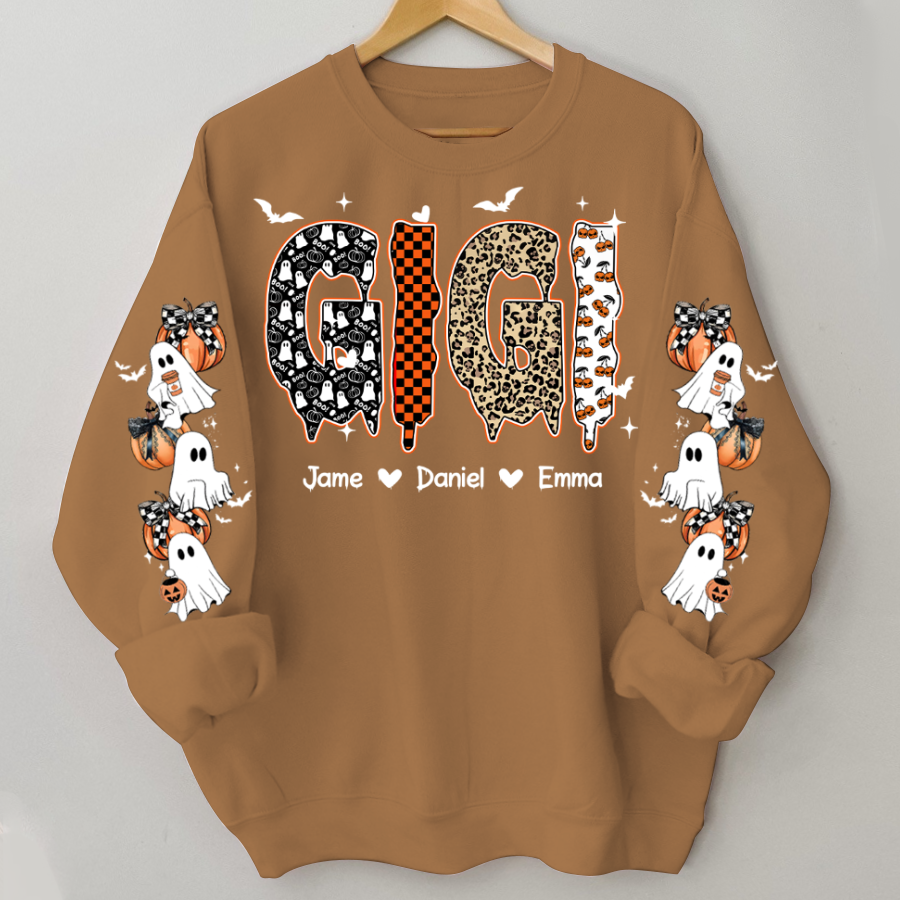 Personalized Halloween Gigi and Grandkids with Pumpkin & Ghost Sleeve Sweatshirt