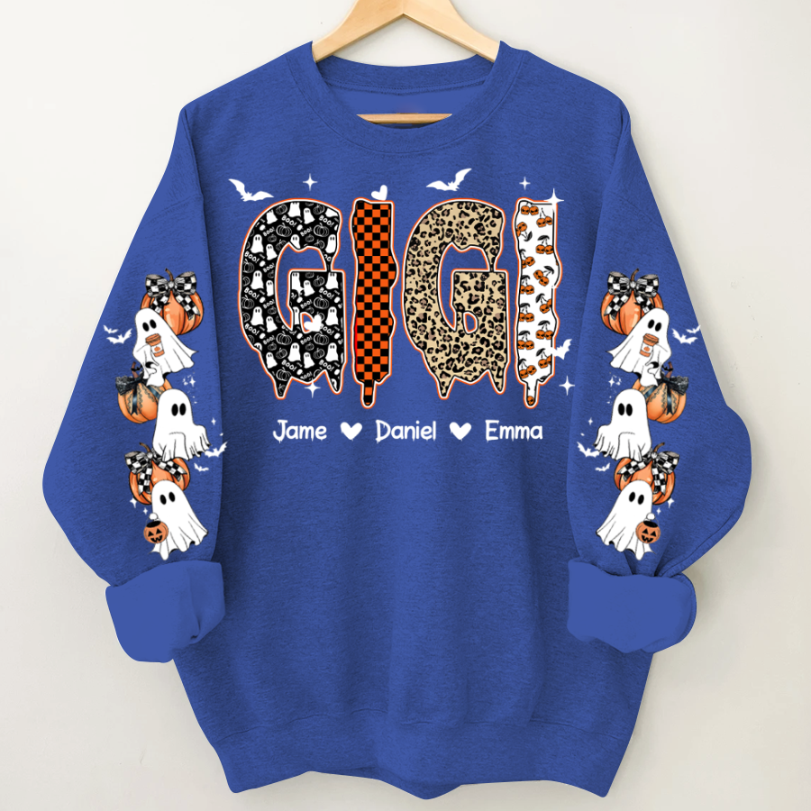 Personalized Halloween Gigi and Grandkids with Pumpkin & Ghost Sleeve Sweatshirt