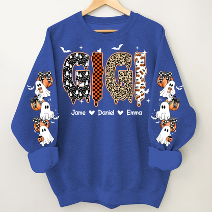Personalized Halloween Gigi and Grandkids with Pumpkin & Ghost Sleeve Sweatshirt