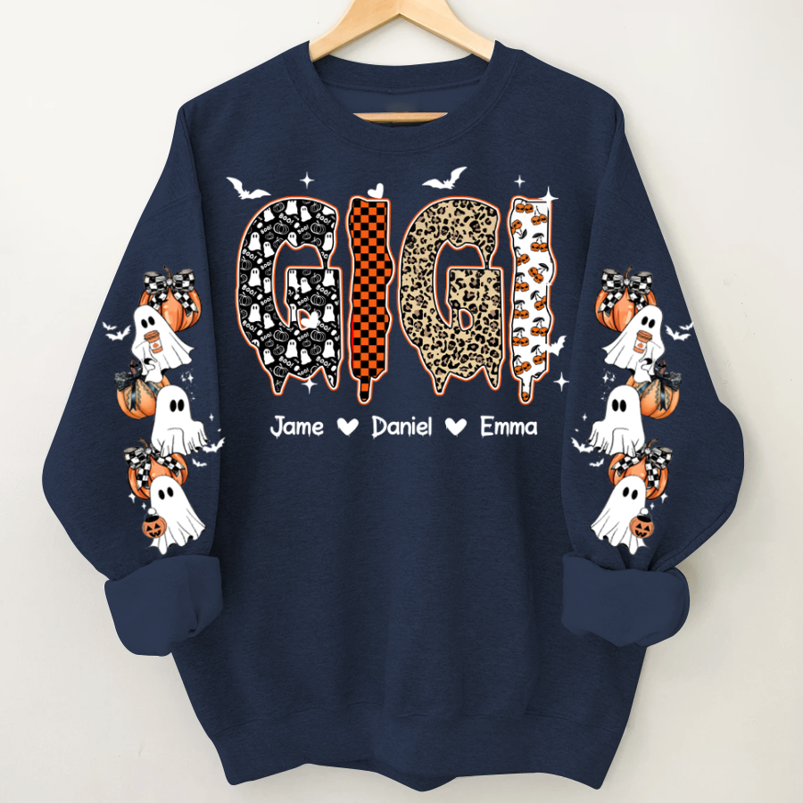 Personalized Halloween Gigi and Grandkids with Pumpkin & Ghost Sleeve Sweatshirt