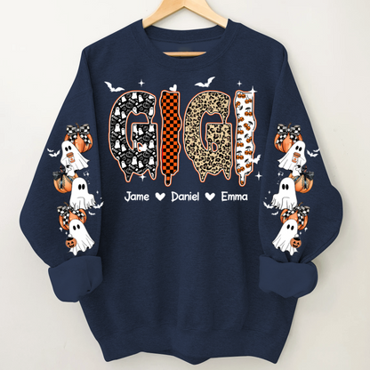 Personalized Halloween Gigi and Grandkids with Pumpkin & Ghost Sleeve Sweatshirt