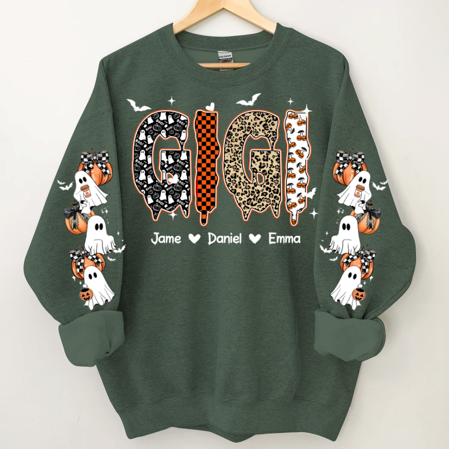 Personalized Halloween Gigi and Grandkids with Pumpkin & Ghost Sleeve Sweatshirt
