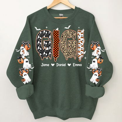 Personalized Halloween Gigi and Grandkids with Pumpkin & Ghost Sleeve Sweatshirt