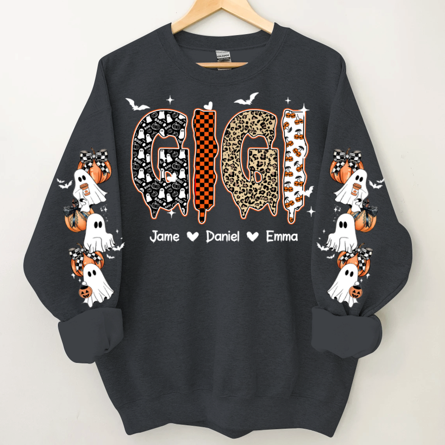 Personalized Halloween Gigi and Grandkids with Pumpkin & Ghost Sleeve Sweatshirt