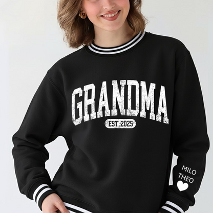 Personalized MIMI EST 2025, Grandma and Grandkids Gift Varsity Ribbed Crew Sweatshirt