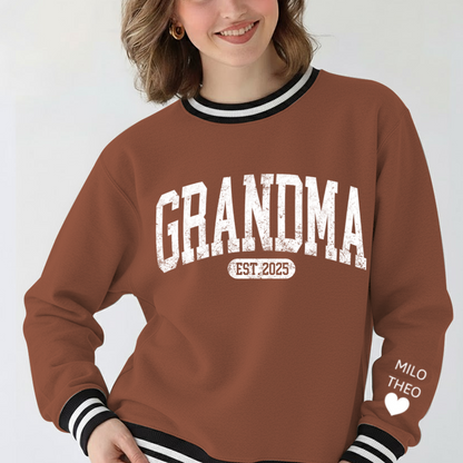 Personalized MIMI EST 2025, Grandma and Grandkids Gift Varsity Ribbed Crew Sweatshirt