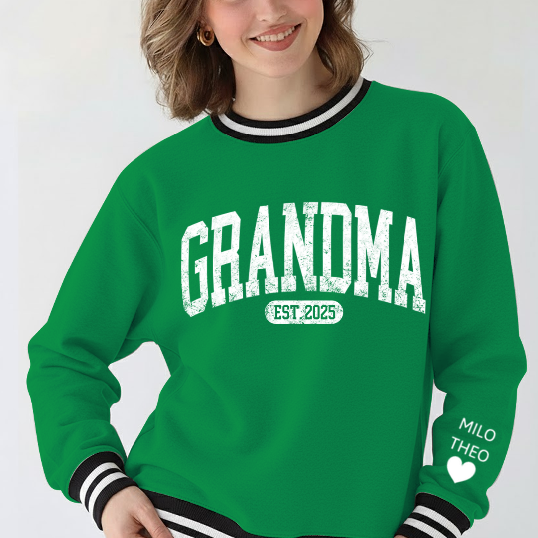 Personalized MIMI EST 2025, Grandma and Grandkids Gift Varsity Ribbed Crew Sweatshirt