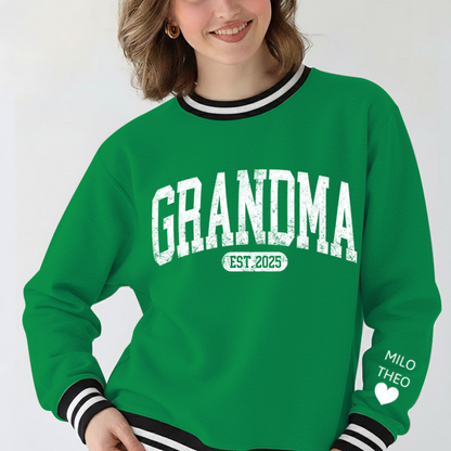 Personalized MIMI EST 2025, Grandma and Grandkids Gift Varsity Ribbed Crew Sweatshirt