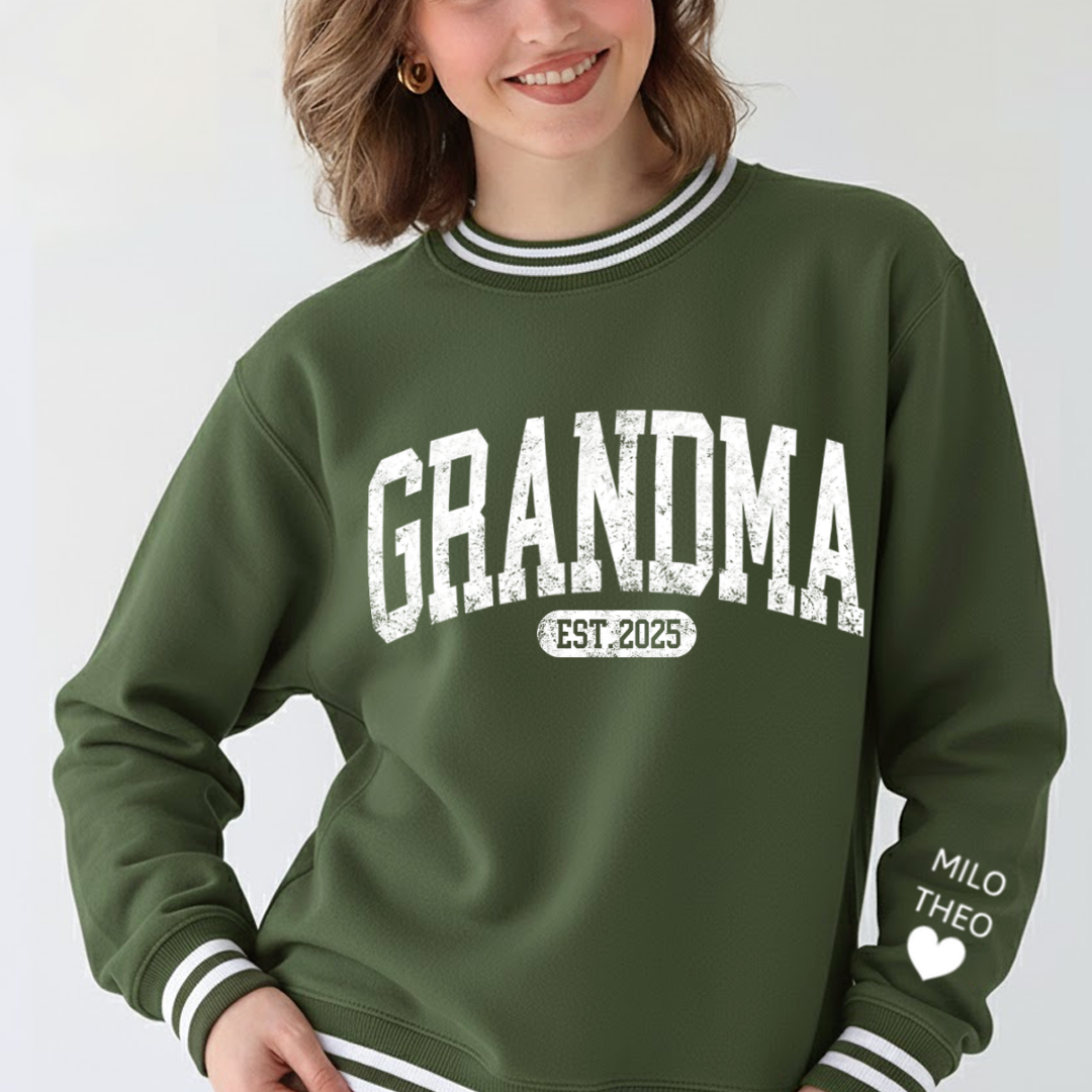 Personalized MIMI EST 2025, Grandma and Grandkids Gift Varsity Ribbed Crew Sweatshirt