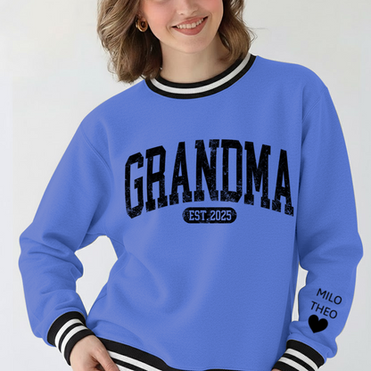 Personalized MIMI EST 2025, Grandma and Grandkids Gift Varsity Ribbed Crew Sweatshirt