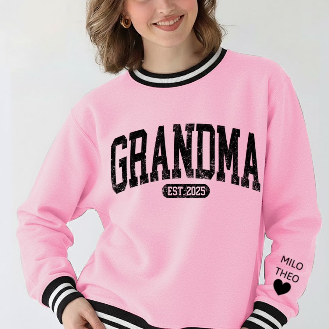 Personalized MIMI EST 2025, Grandma and Grandkids Gift Varsity Ribbed Crew Sweatshirt