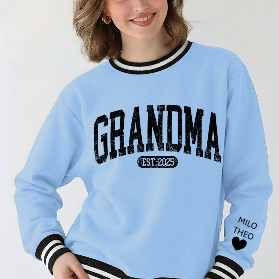 Personalized MIMI EST 2025, Grandma and Grandkids Gift Varsity Ribbed Crew Sweatshirt