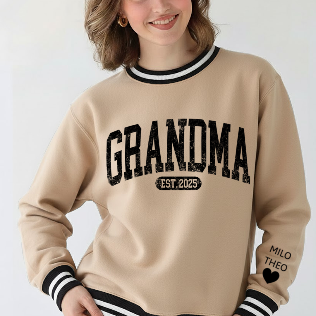 Personalized MIMI EST 2025, Grandma and Grandkids Gift Varsity Ribbed Crew Sweatshirt