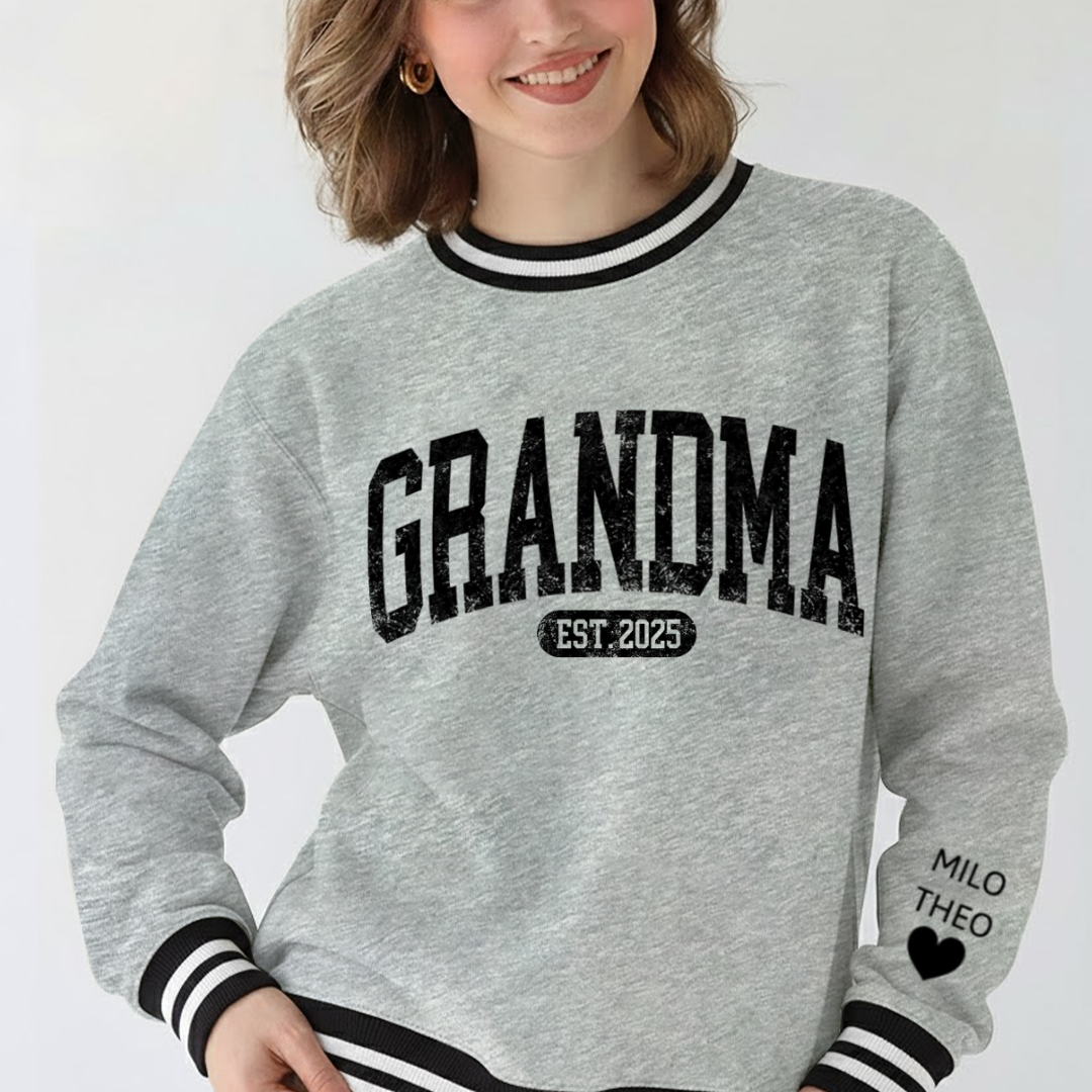 Personalized MIMI EST 2025, Grandma and Grandkids Gift Varsity Ribbed Crew Sweatshirt