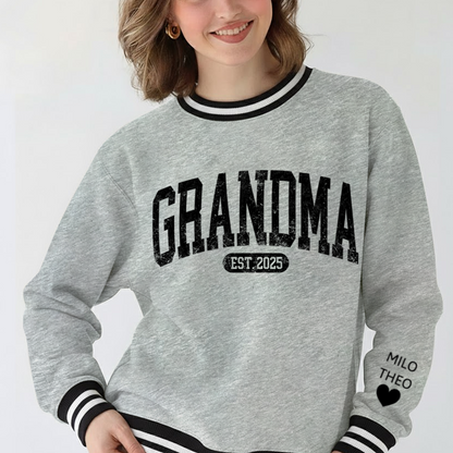 Personalized MIMI EST 2025, Grandma and Grandkids Gift Varsity Ribbed Crew Sweatshirt