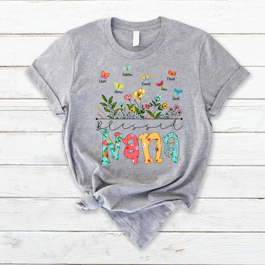 Personalized Blessed Nana Wildflowers And Butterflies Shirts For Grandma T-Shirt