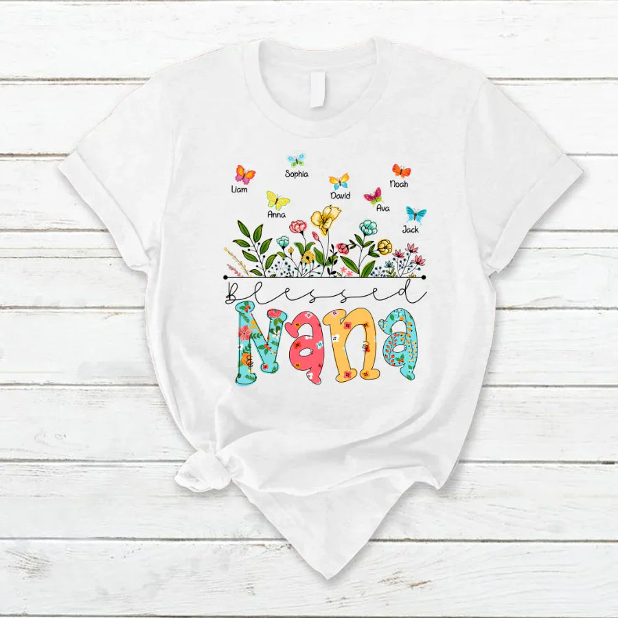 Personalized Blessed Nana Wildflowers And Butterflies Shirts For Grandma T-Shirt