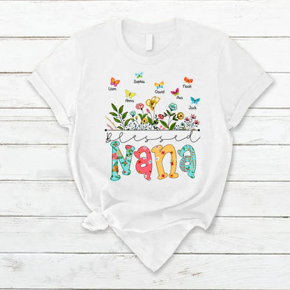 Personalized Blessed Nana Wildflowers And Butterflies Shirts For Grandma T-Shirt