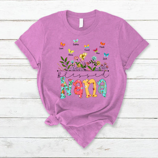 Personalized Blessed Nana Wildflowers And Butterflies Shirts For Grandma T-Shirt