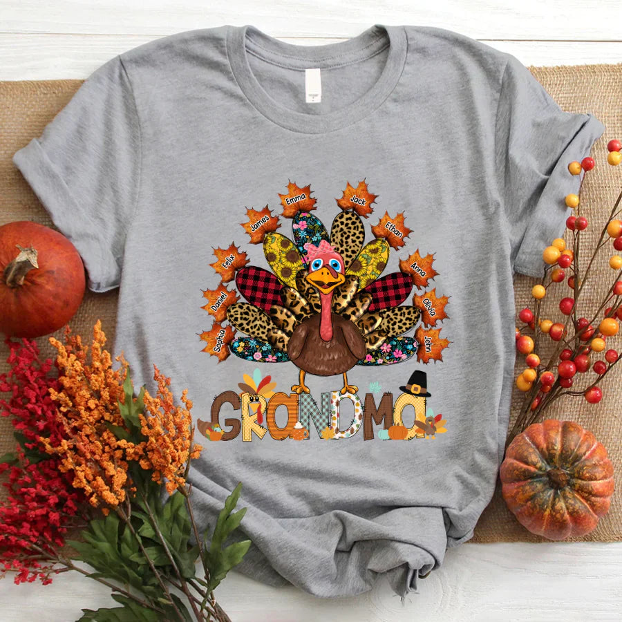 Personalized Grandma Grandkids Thanksgiving Turkey T-Shirt