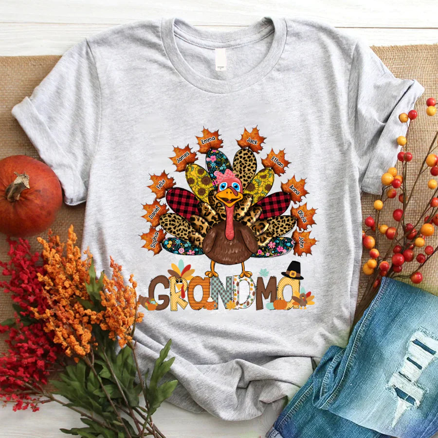 Personalized Grandma Grandkids Thanksgiving Turkey T-Shirt