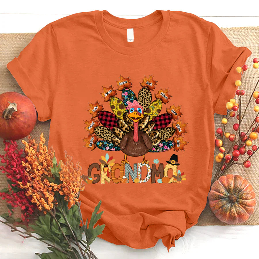 Personalized Grandma Grandkids Thanksgiving Turkey T-Shirt