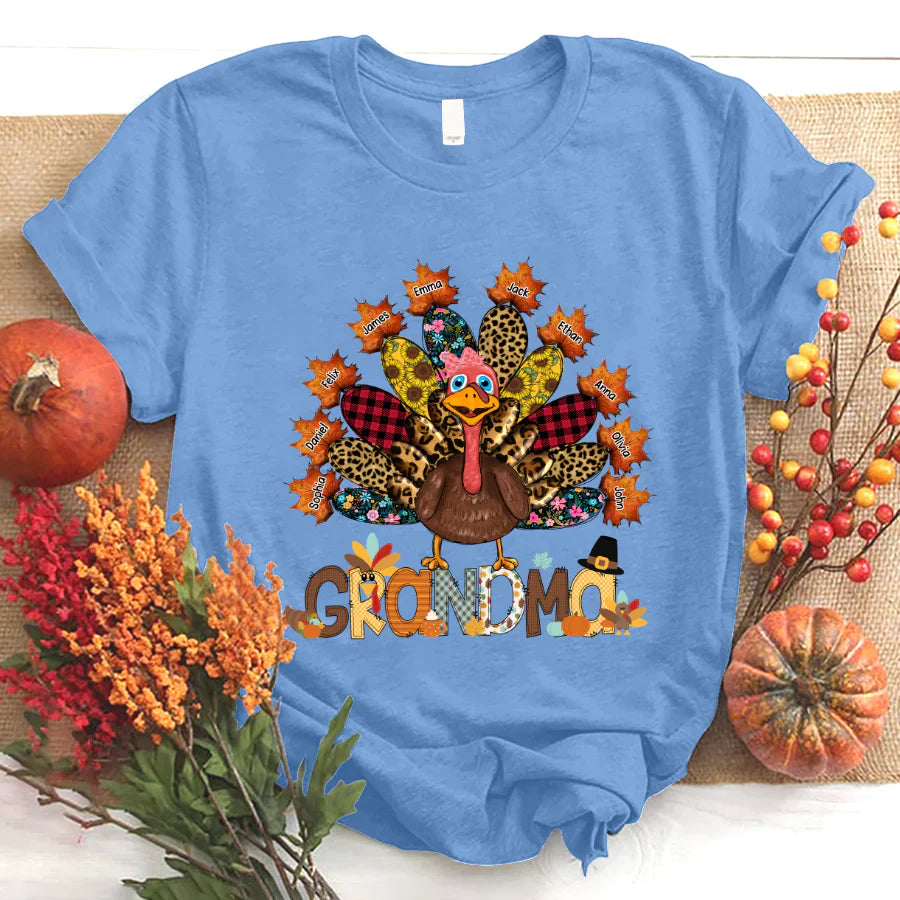 Personalized Grandma Grandkids Thanksgiving Turkey T-Shirt