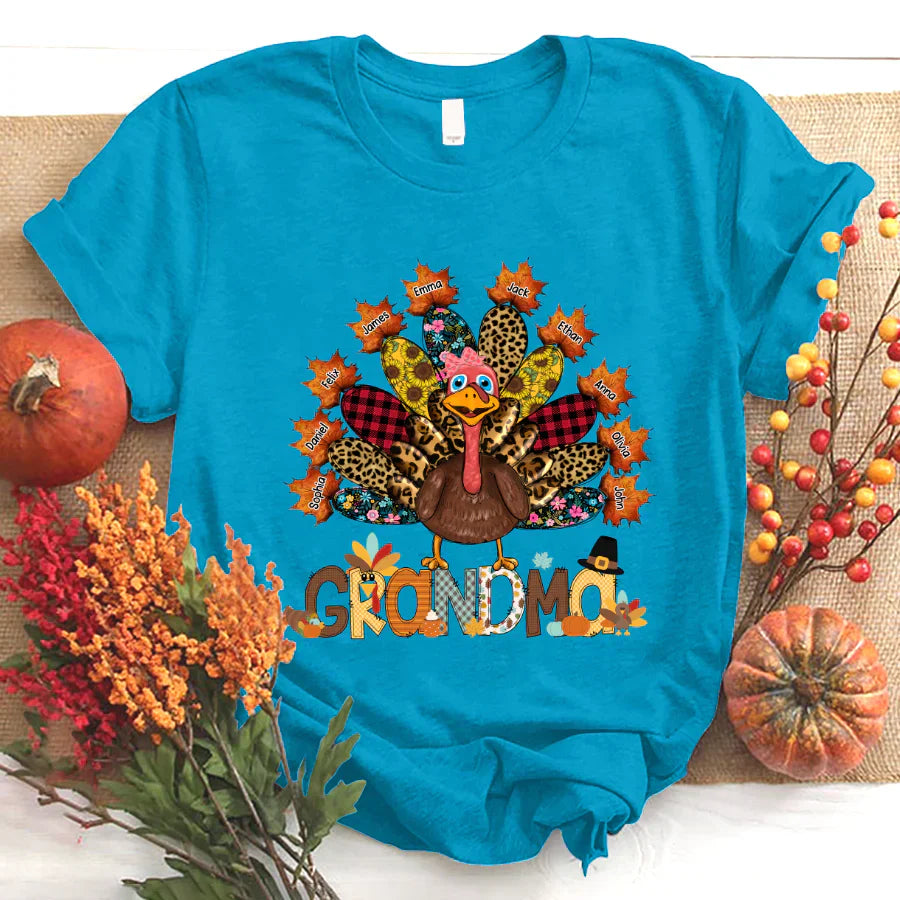Personalized Grandma Grandkids Thanksgiving Turkey T-Shirt