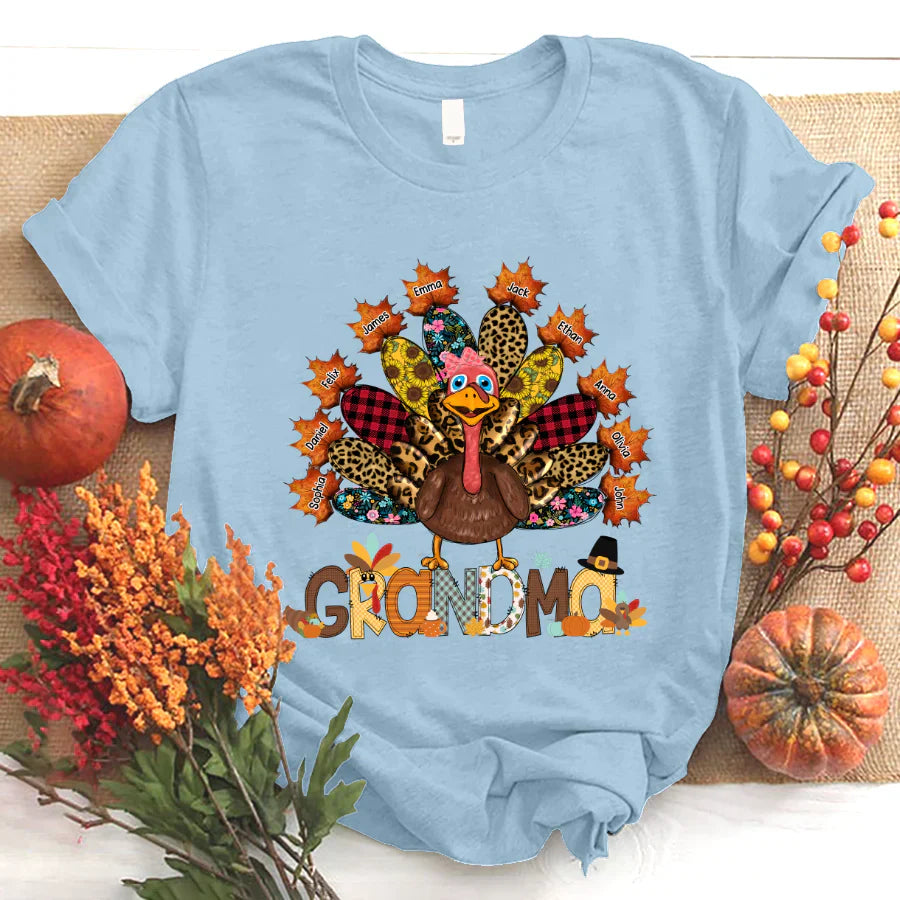 Personalized Grandma Grandkids Thanksgiving Turkey T-Shirt