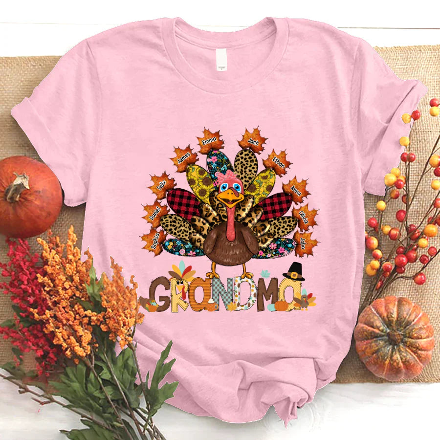 Personalized Grandma Grandkids Thanksgiving Turkey T-Shirt