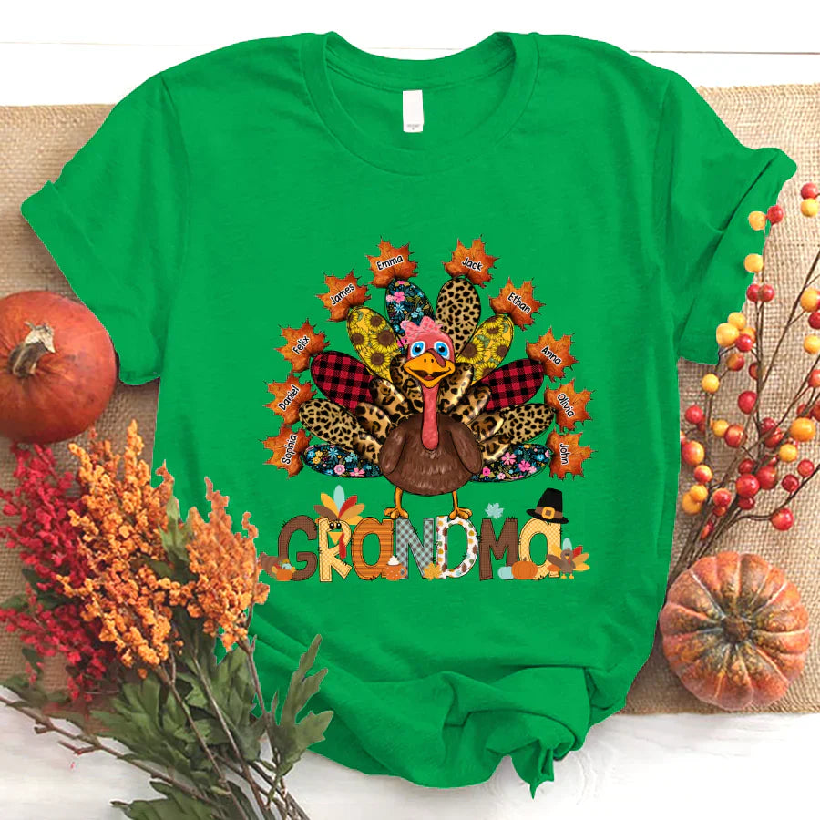 Personalized Grandma Grandkids Thanksgiving Turkey T-Shirt