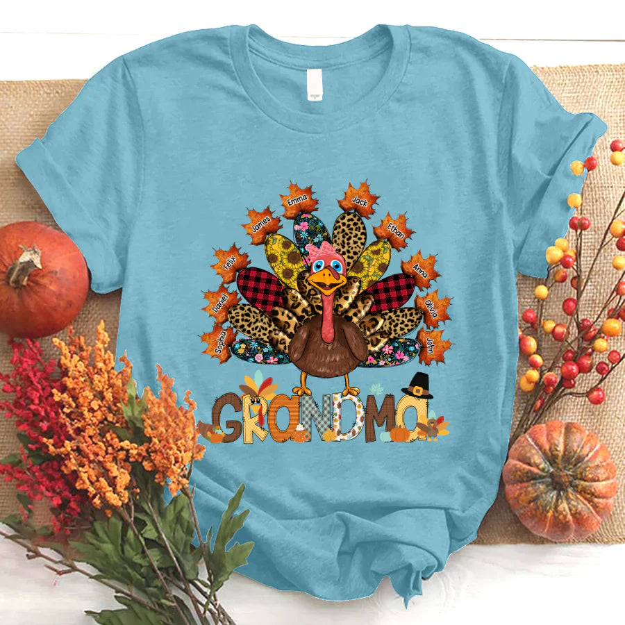 Personalized Grandma Grandkids Thanksgiving Turkey T-Shirt