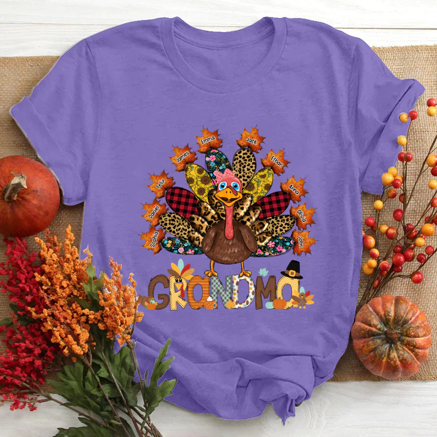 Personalized Grandma Grandkids Thanksgiving Turkey T-Shirt