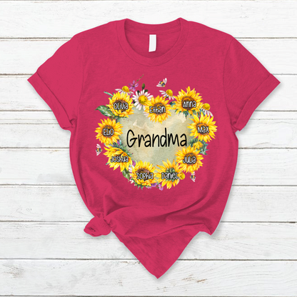 Personalized Grandma Hearts Sunflower T-Shirt